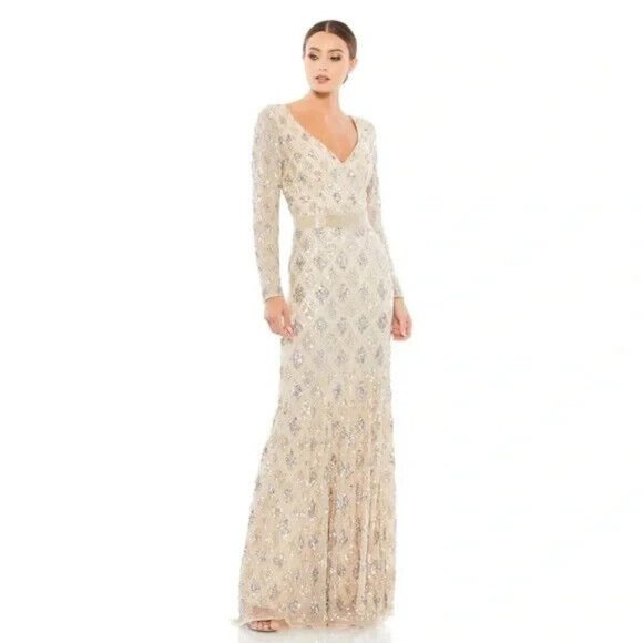 Mac Duggal Dress 5021 Geometric Embellished Evening Gown Long Sleeve - Picture 2 of 16